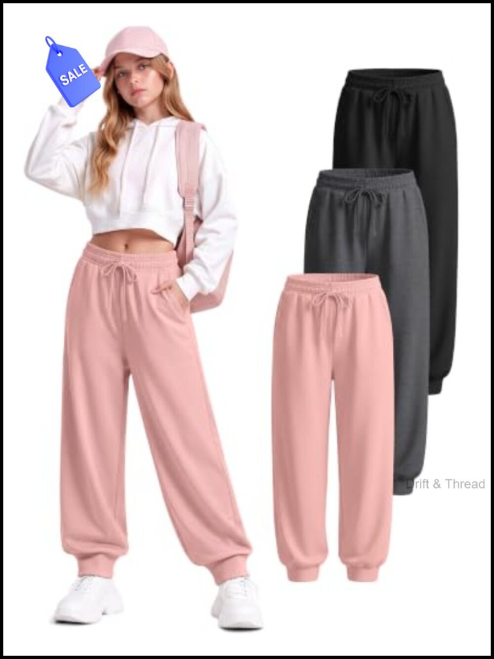 3-Pack Girls Baggy Joggers Sweatpants Stretchy Athletic Drawstring with Pockets
